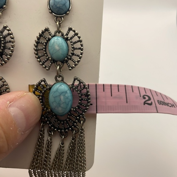 Silver Toned Metal with Plastic Faux Turquoise Cabochon Dangle Earrings (F12) - Picture 5 of 6